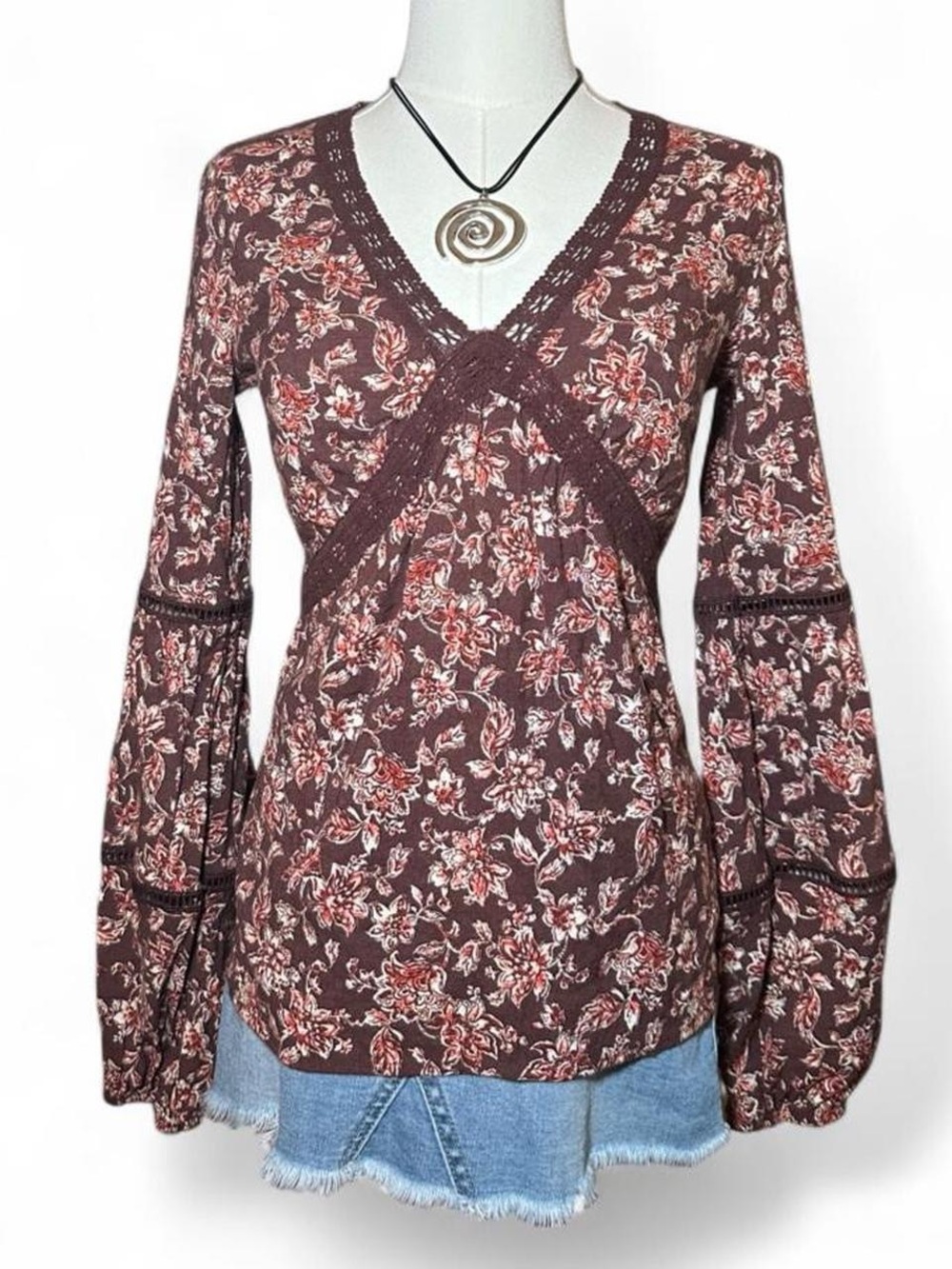 Sonoma Brown Pink Floral Bell Sleeve Peasant Blouse Boho Cottage Fairy 70s